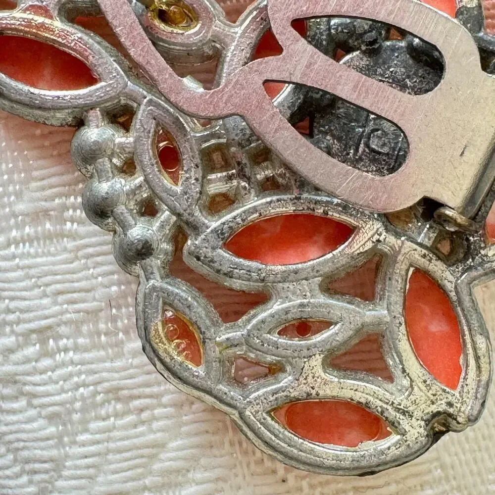 Vintage AJ Signed Rhinestone Coral Glass Dress Clip Brooch Marbled Stones
